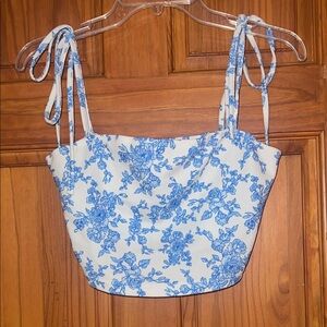 SHEIN White Crop Top with Blue Floral Tie-Straps